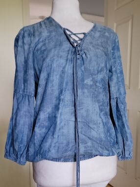 White House Black Market Blue Lace-Up Tie Front Blouse